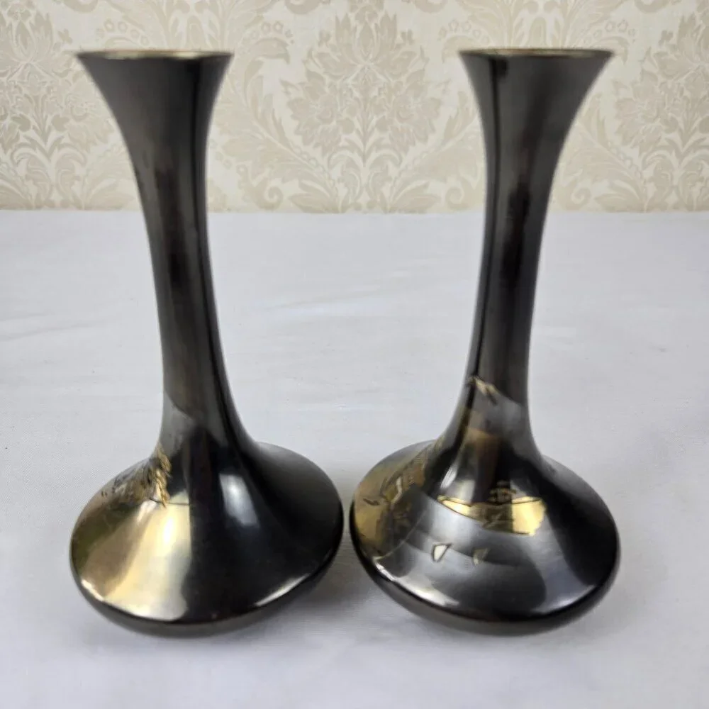 Pair of Japanese Genie Bottle Bud Vases Snow Capped Mt Fuji Village Etching Vtg